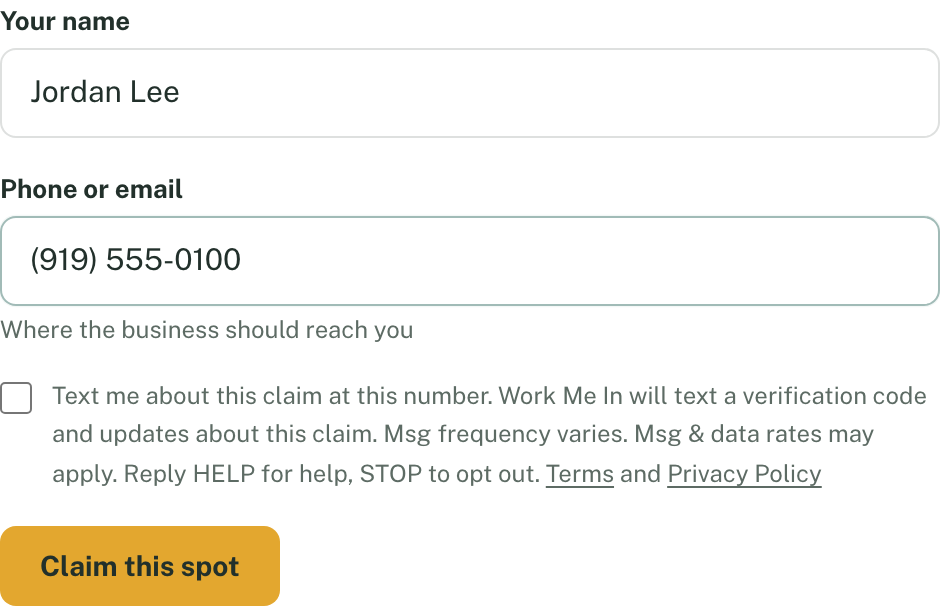 Claim form with a phone number entered and the unchecked text-message checkbox