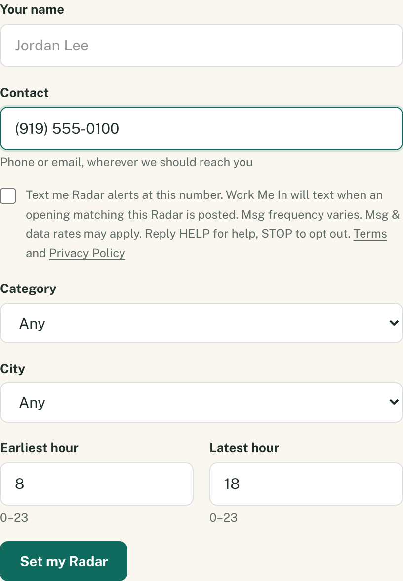 Radar form with a phone number entered and the unchecked text-message checkbox