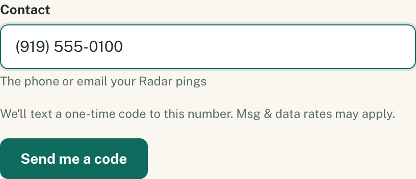 Radar recovery form with the code notice under the contact field