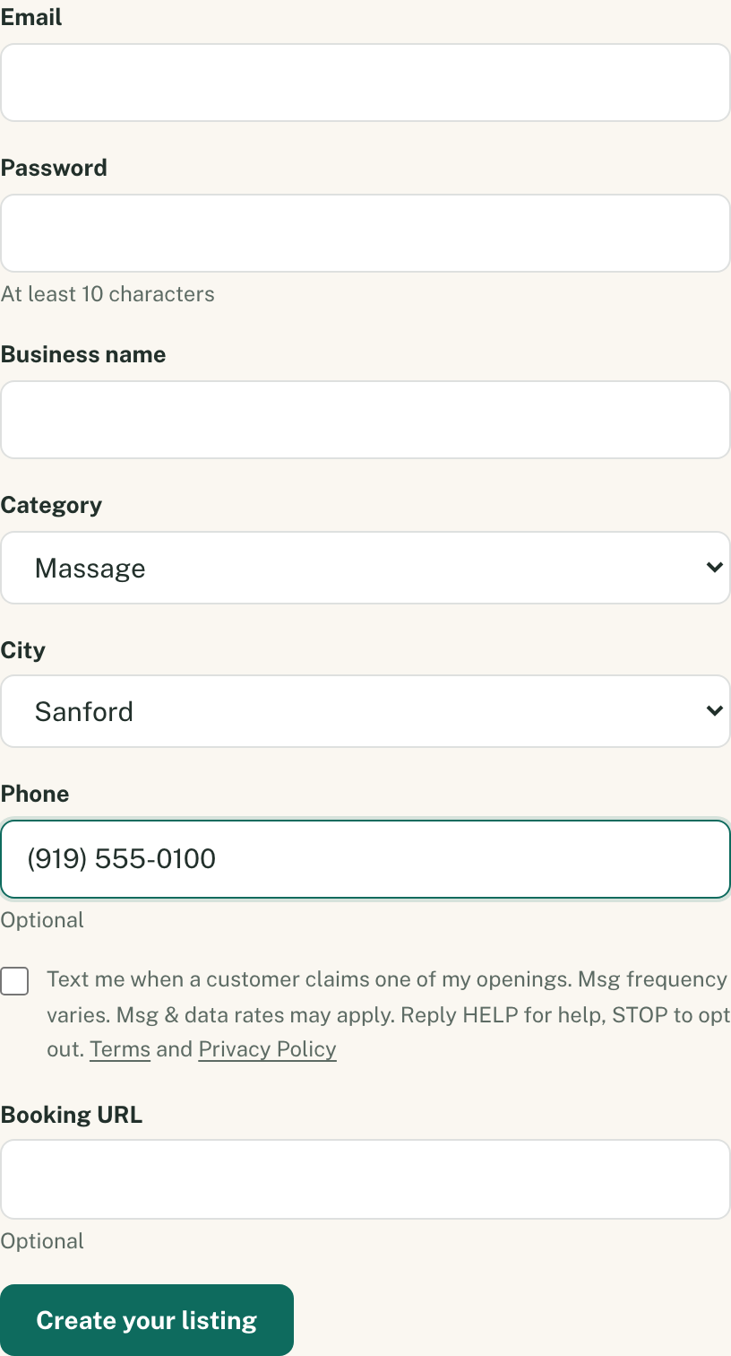 Business signup form with the optional phone field and its unchecked checkbox